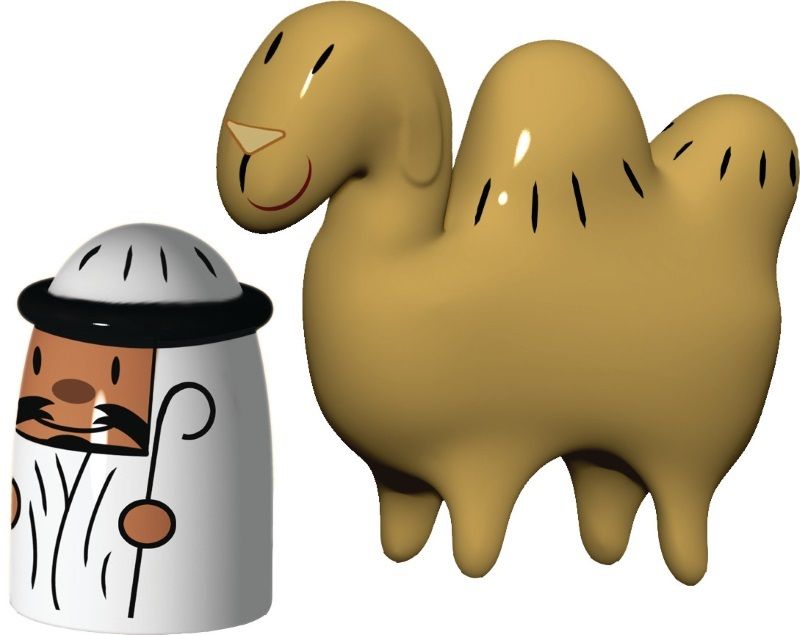 Alessi Amir & Camelus Figurenset: Kamel und Figur mit Hirtenstab aus Porzellan.
